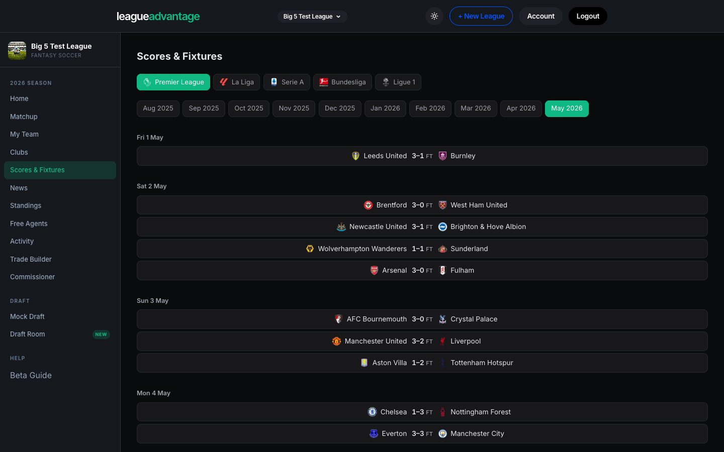 Soccer matchup — live matchweek scoring